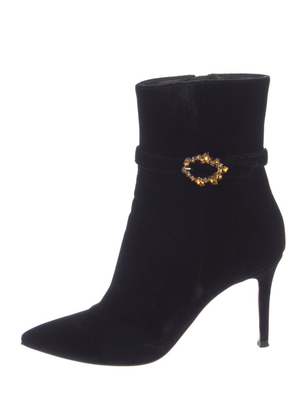 Gianvito Rossi Black Velvet Crystal Buckle Ankle Booties Heel